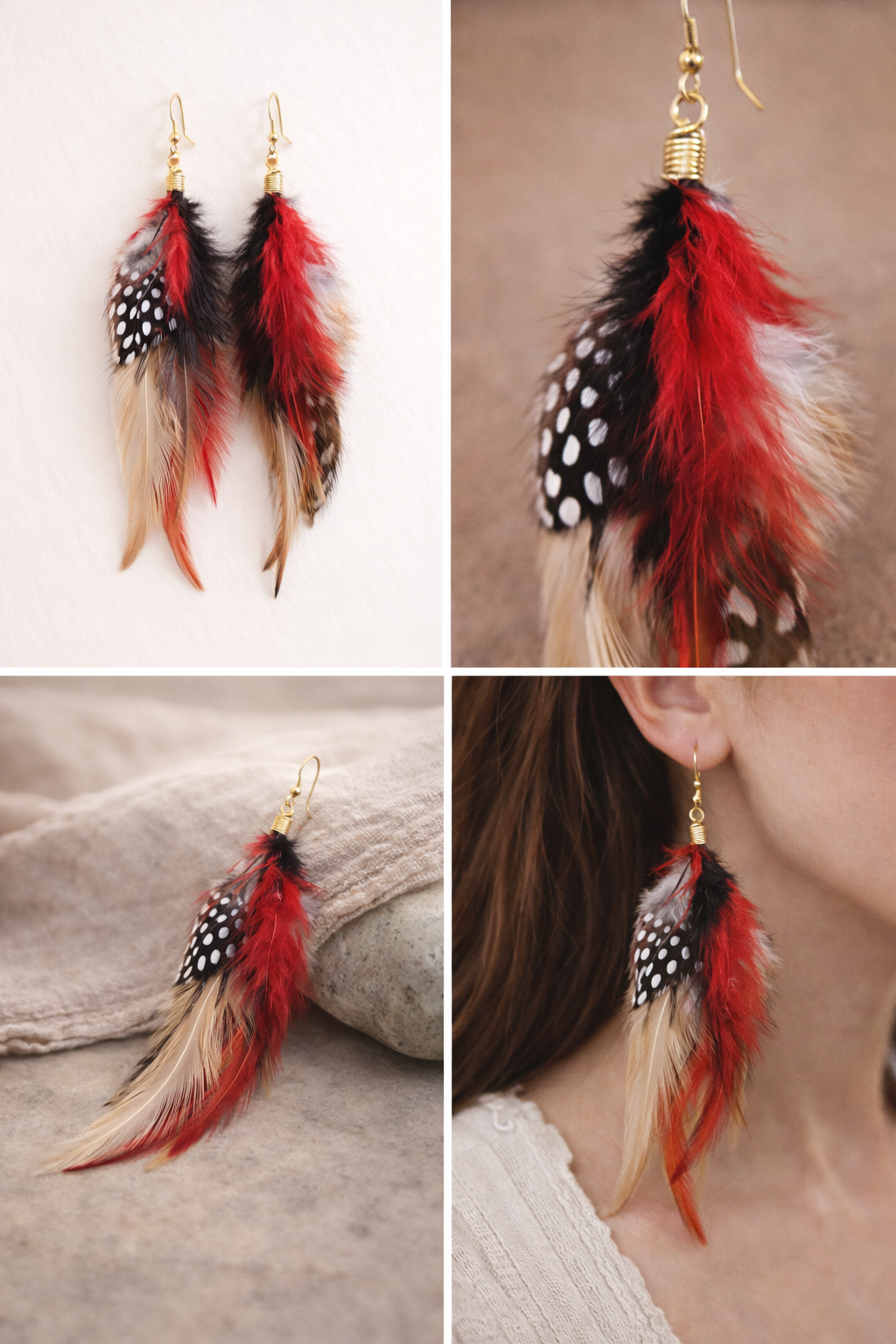 Llama Libre – pendientes artesanales de plumas naturales rojas y negras